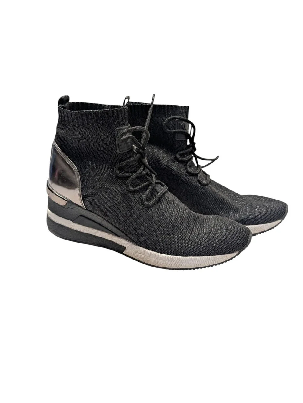 Michael Kors Women's Skyler Black Knit High Top Sock Sneakers Metallic Heel Sz 9